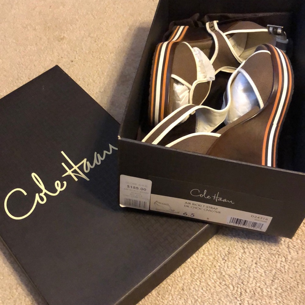 Cole Haan air ricki t-strap dark chocolate wedge